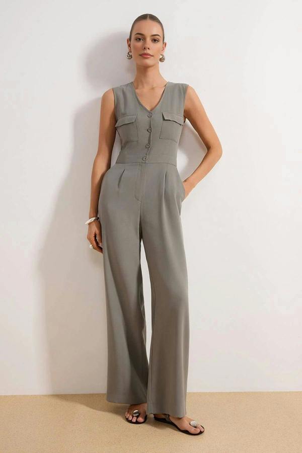 Modal Wide Leg Button Detail Sleeveless Woven Jumpsuit