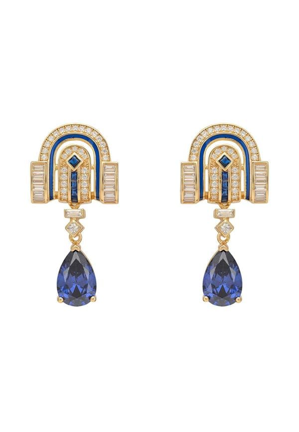 Pair of earrings with blue gemstones and gold accents on a white background