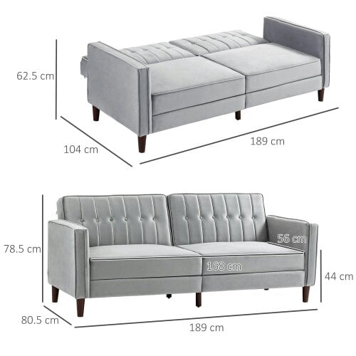 Wyld Haus Sasari Velvet Light Grey Convertible Futon Sofa Bed With Tufted Seat And Split Back