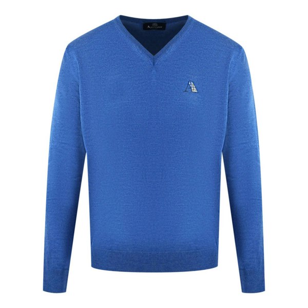 Aquascutum Check A Logo V-Neck Jumper - Blue