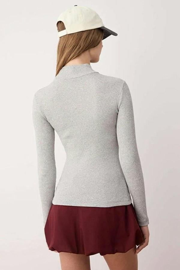 WOVCOR Fitted Stand Collar Long Sleeve Ribbed Knit Blouse