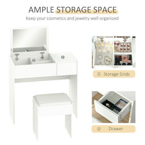 Wyld Haus Firazzi White Vanity Desk With Flip Mirror Drawer Storage And Cushioned Stool