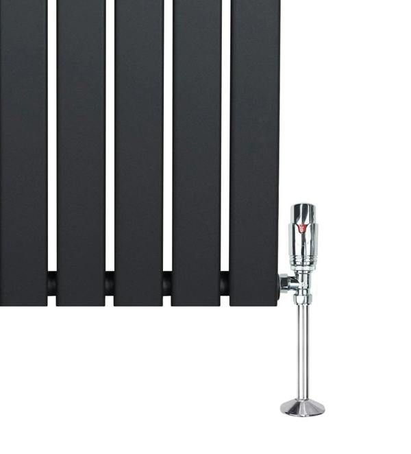 Flat single column radiator in anthracite grey, featuring sleek vertical panels and a chrome valve for modern heating solutions