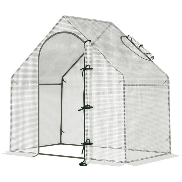 White mini greenhouse with open zip door and green fastening ties, steel frame
