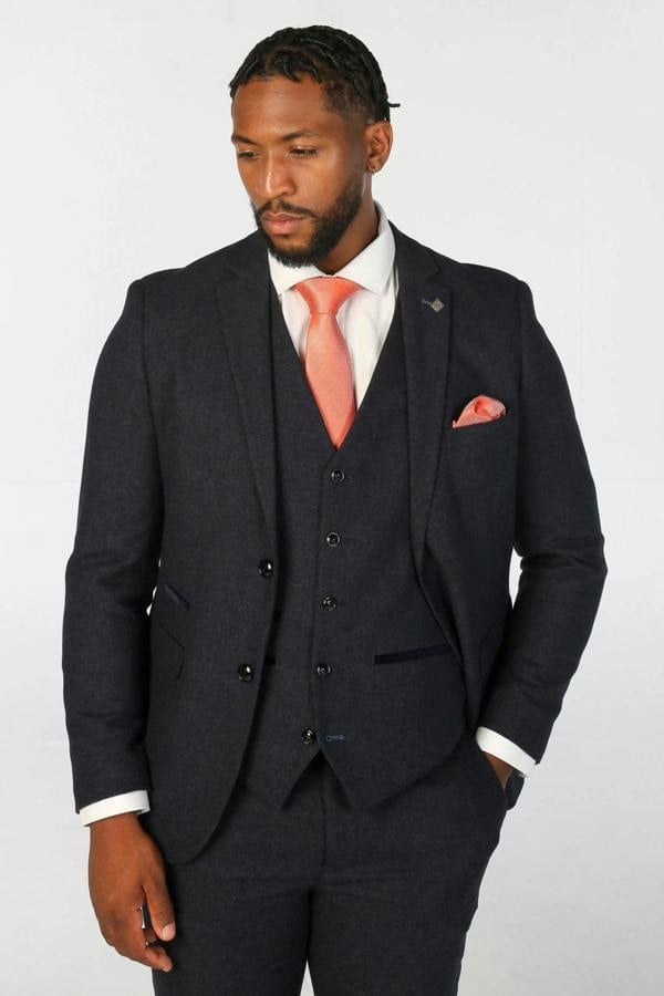Infinity Leather Men's Navy Blue Wool Blend Tweed Formal Suit