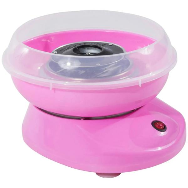 Pink electric cotton candy machine with clear dome lid and black heating plate