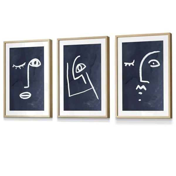Artze Wall Art Set of 3 Framed Abstract Faces Navy Blue
