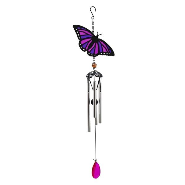EDH Door Hardware Suncatcher Purple Butterfly Wind Chime (58cm x 14cm x 6cm) – Handmade Metal & Glass Hanging Chime – Outdoor Garden Ornament