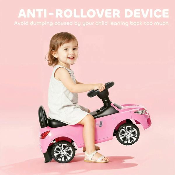 Pink ride-on toddler car with black steering handle and anti-roll wheels