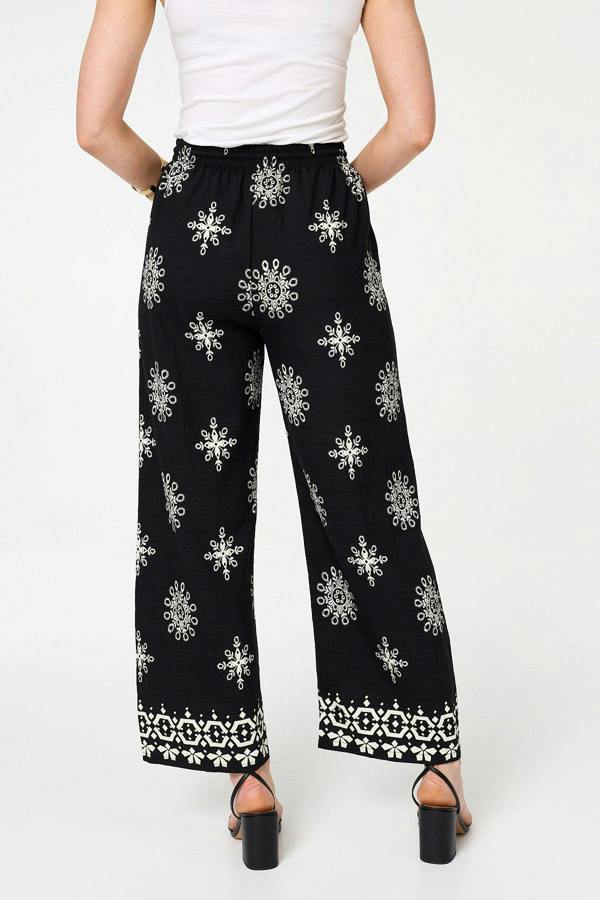 Black | Border Print Wide High Waist Trousers