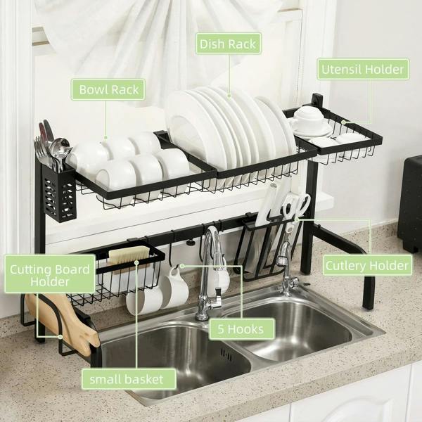 Black dish drying rack set with hooks, utensil holder, and bowl rack over sink