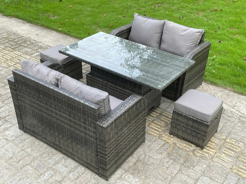 Fimous PE Rattan Garden Furniture Sofa Set Dining Table Height Adjustable Rising lifting Table Two Seater Double Love Sofa