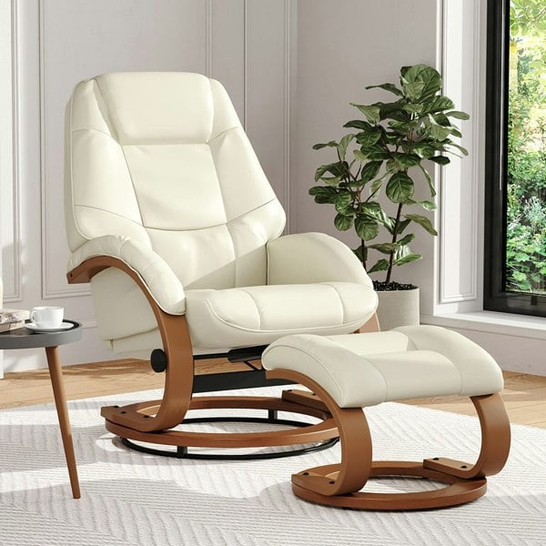 High Back PU Leather Recliner Armchair with Footstool Armchairs Living and Home Beige