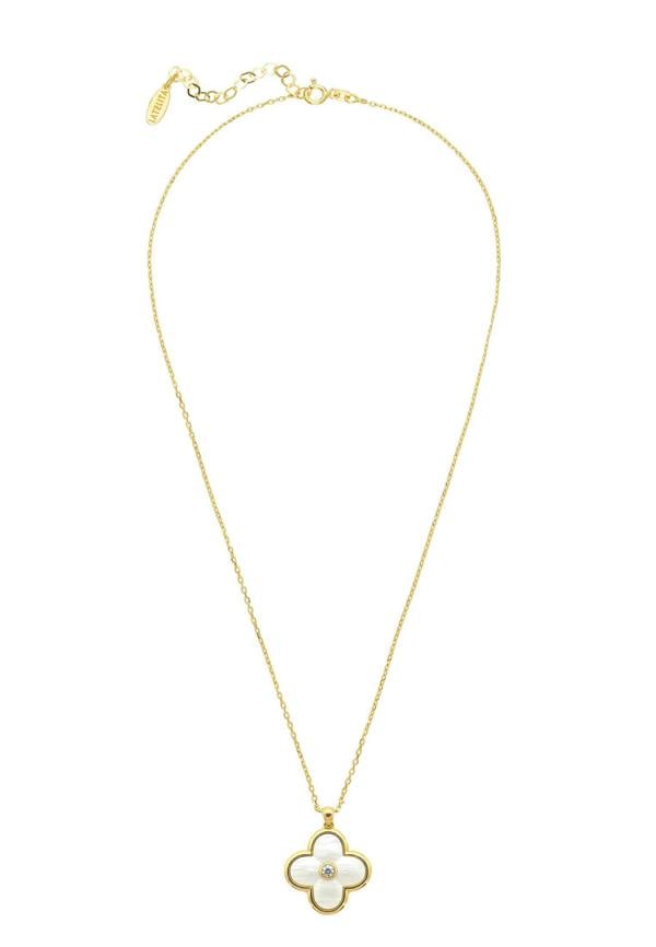 Gold necklace with a clover-shaped pendant on a white background