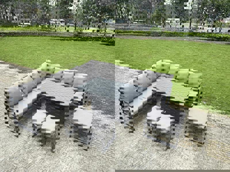 Fimous 10 Seater Aluminium Garden Furniture Set with Adjustable Rising Dining Table, 3 Footstools - Dark Grey