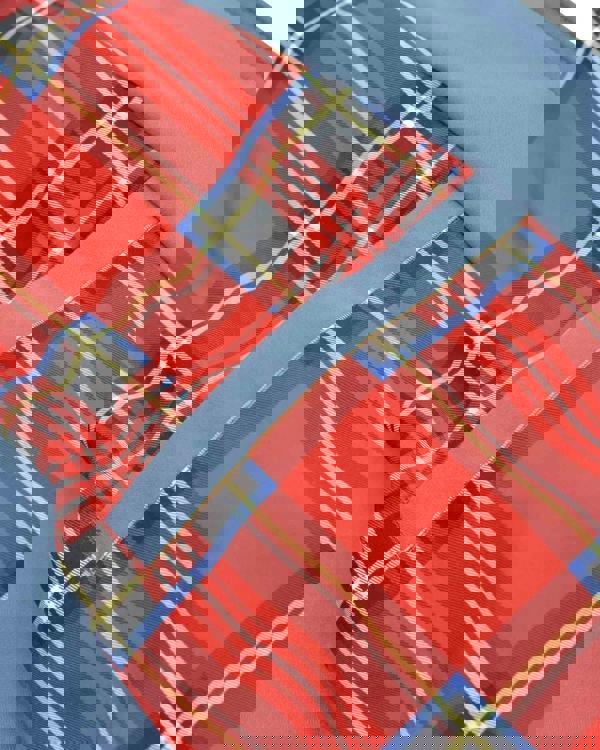 Lambretta Mens ShowerProof Classic Harrington MOD Scooter Jacket Coat, close-up of the multicolored plaid pattern fabric with a gray collar detail.