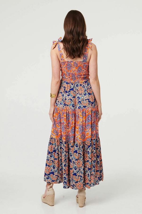 Orange | Floral Tiered Tie Strap Maxi Sun Dress