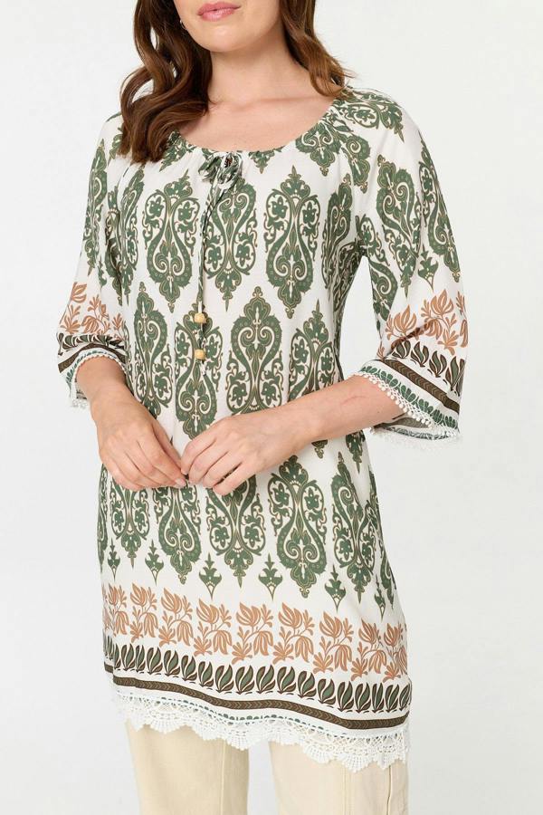Green | Printed 3/4 Sleeve Longline Tunic Top
