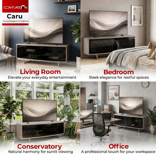Centurion Supports Centurion Caru Gloss Black Greige Beam-Thru Remote Friendly Super-Contemporary "D" Shape Design 32"-65" LED/OLED/LCD TV Cabinet