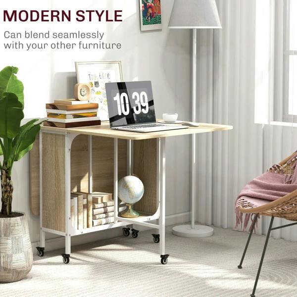 Natural wood dining table cart with white frame, open shelves, and rolling casters
