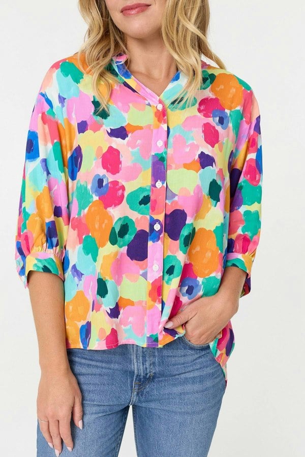 Pink | Abstract 3/4 Sleeve Curve Hem Blouse
