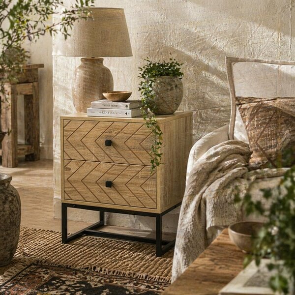 Wyld Haus Nema Diso Natural Wood 2 Drawer Nightstand With Zig Zag Chevron Design Black Handles