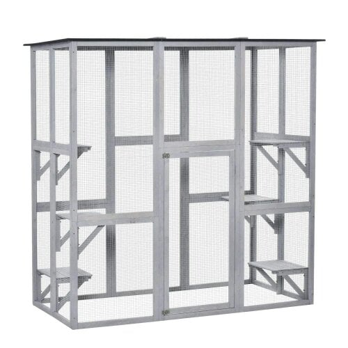 Wooden Catio Cat Outdoor Enclosure, Cat Cage with Waterproof Roof, Platforms, for Multiple Kittens, 180 x 98 x 180 cm