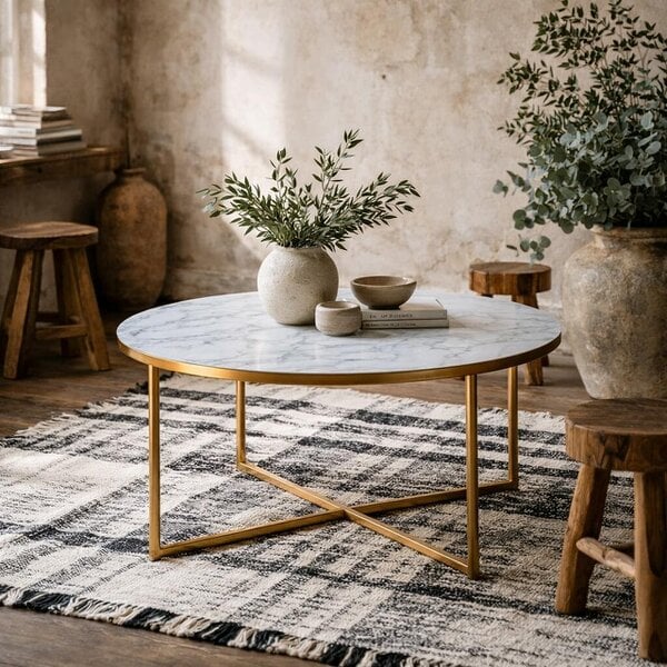 Wyld Haus Vodskov White Marble Round Coffee Table Gold Legs