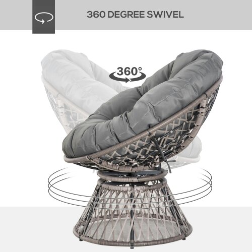 Wyld Haus Rarare Grey Rattan Swivel Papasan Style Moon Chair With Oversized Cushion