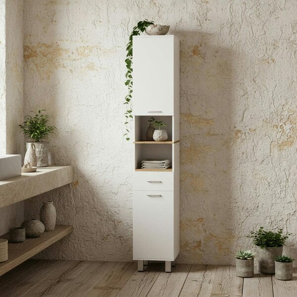 Wyld Haus Secoli Tall Slim High Gloss White Storage Bathroom Cabinet With Drawers Shelves And Double Doors