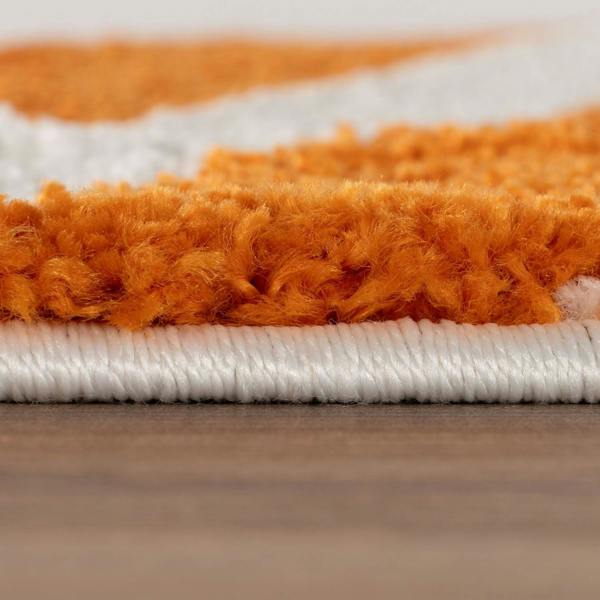 Close-up of an orange and white striped rug on a wooden floor.