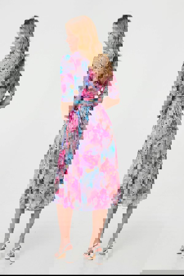 Pink | Abstract 3/4 Sleeve Midi Wrap Dress
