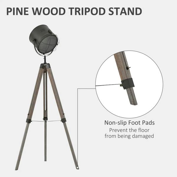 Grey spotlight floor lamp with pine wood tripod legs and adjustable stand