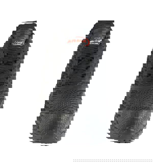 ARMA Mens ARMA A27 OSPREY S1P Safety Work Composite Toe Midsole Trainer, black athletic safety shoe with mesh and synthetic overlays, reinforced toe cap, and cushioned collar.