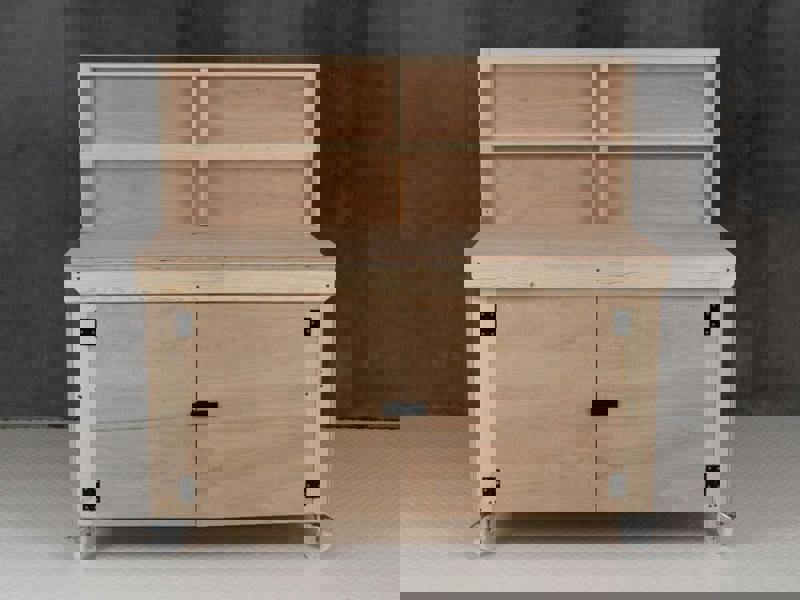 Arbor Garden Solutions Wooden Eucalyptus hardwood top workbench with lockable cupboard (V.9) with back panel and wheels