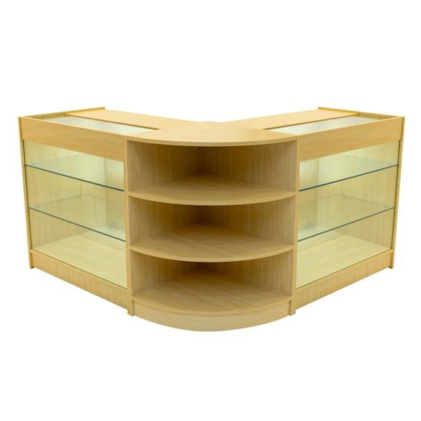 Maple Apollo LED shop counter set featuring a modern design with glass shelves, curved edges, and integrated lighting for display
