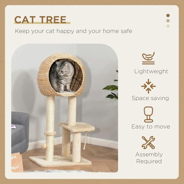 Beige cat tree with round woven condo and two lower platforms on sisal posts