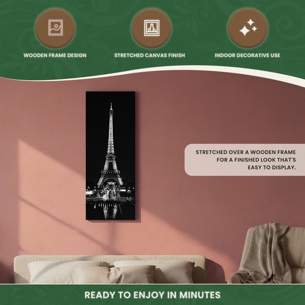 Large Eiffel Tower at Night Canvas Picture Print in Black & White with 10 LED Lights, Battery Powered