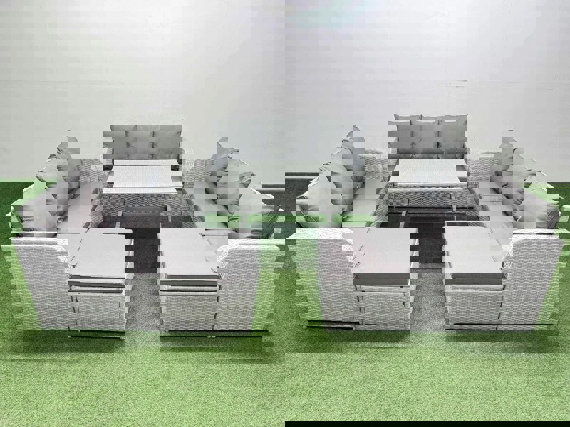 Fimous 11 Seat Outdoor PE Rattan Garden Furniture with Cushions 3 Seater Sofa 2 Big Stools Light Grey