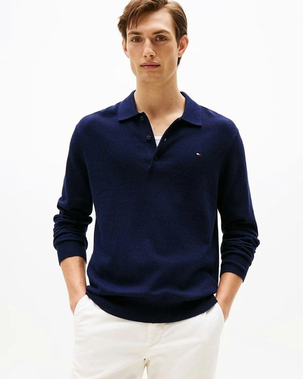 Tommy Hilfiger Pima Organic Cotton Cashmere Mens Long Sleeve Polo - Desert Sky