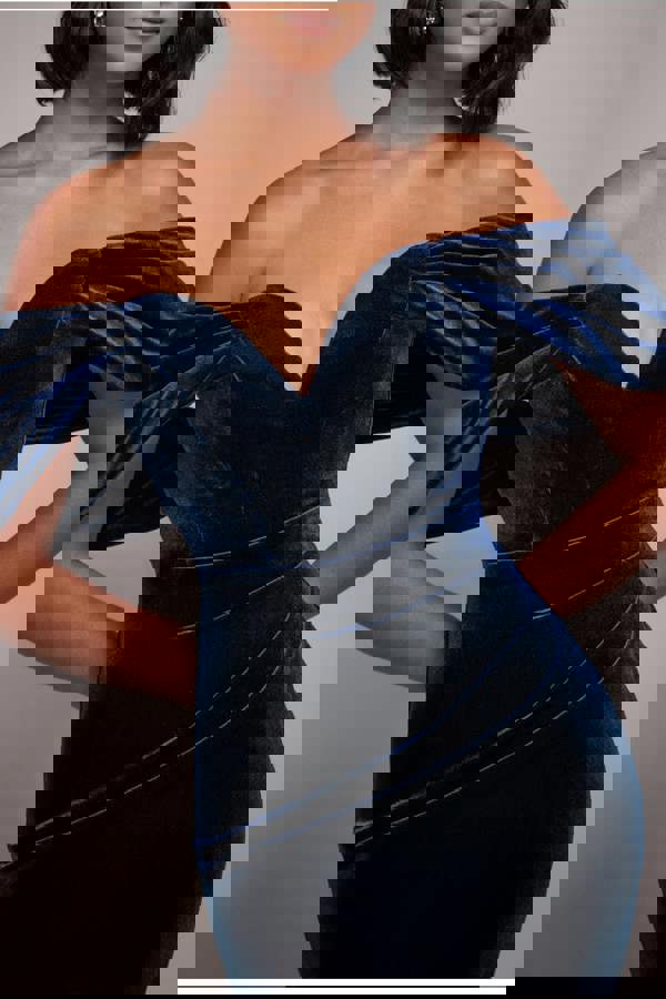 Off The Shoulder Deep Plunge Velvet Maxi Dress - Navy Blue DR4692