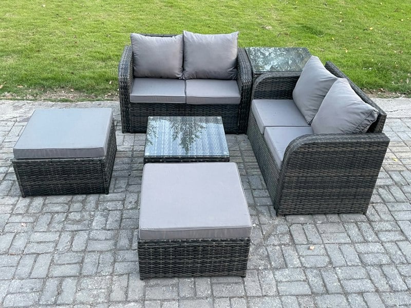 Fimous 6-Seater Dark Grey Rattan High Back Lounge Set | Outdoor/Indoor Sofa, Square Coffee Table, 2 Large Footstools, Loveseat