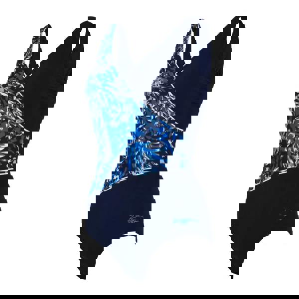 Navy Zoggs Sapphire Wrap swimsuit with floral print and white trim