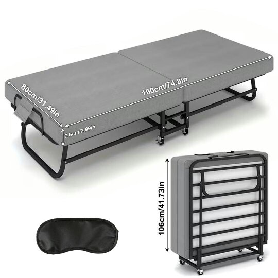 Havendro Adult Portable Folding Bed w/Memory Foam Mattress 190x80cm Wheels Easy Storage