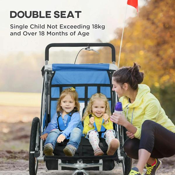 Blue two-seat bike trailer with canopy and harness, carrying two children