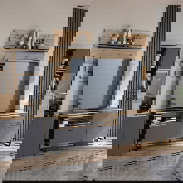 Furniture To Go Klara TV Unit with 1 Drawer 2 Flip Doors in Grey and Oak inc LED Lighting