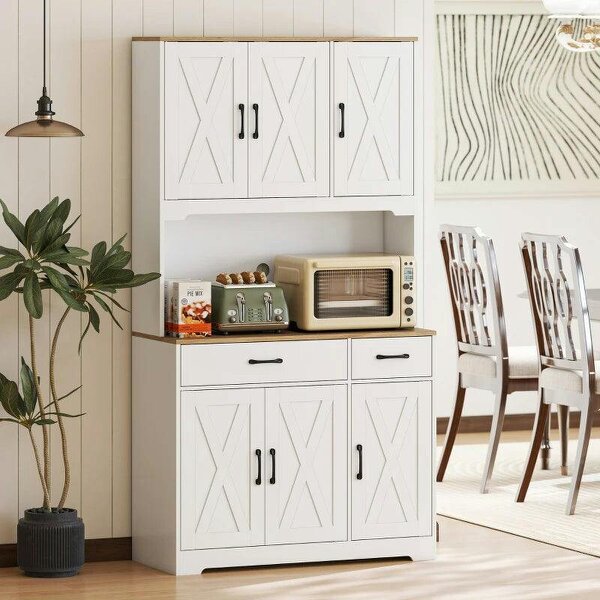 175 cm Tall Kitchen Pantry Cabinet with Microwave Stand, Freestanding Pantry Cupboard, White - White
