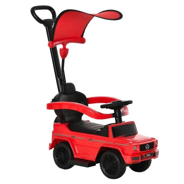 Red kids ride-on push car with steering wheel, wide seat and black push handle