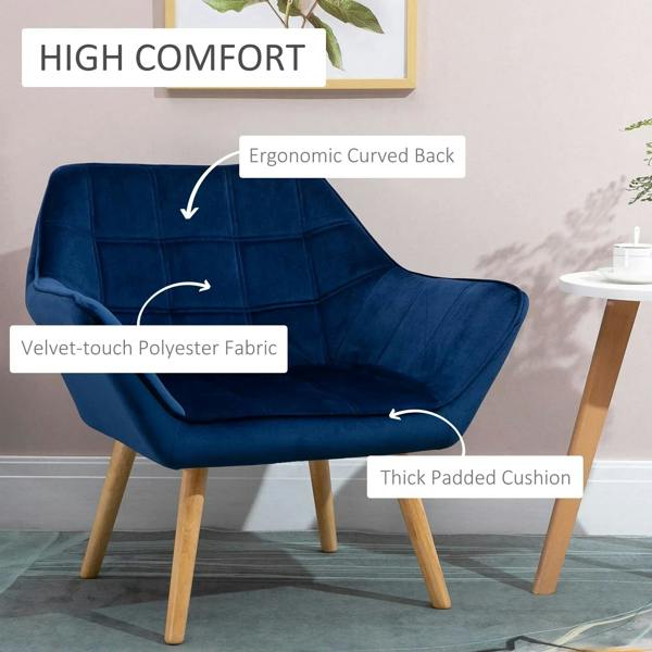 Blue upholstered armchair with curved ergonomic back, thick padded cushion, wooden legs