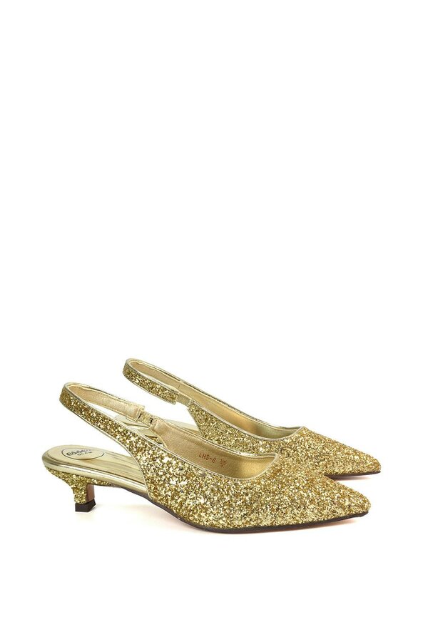 XY LONDON Pointed Toe Glitter Slingback Kitten Heel Court Shoes